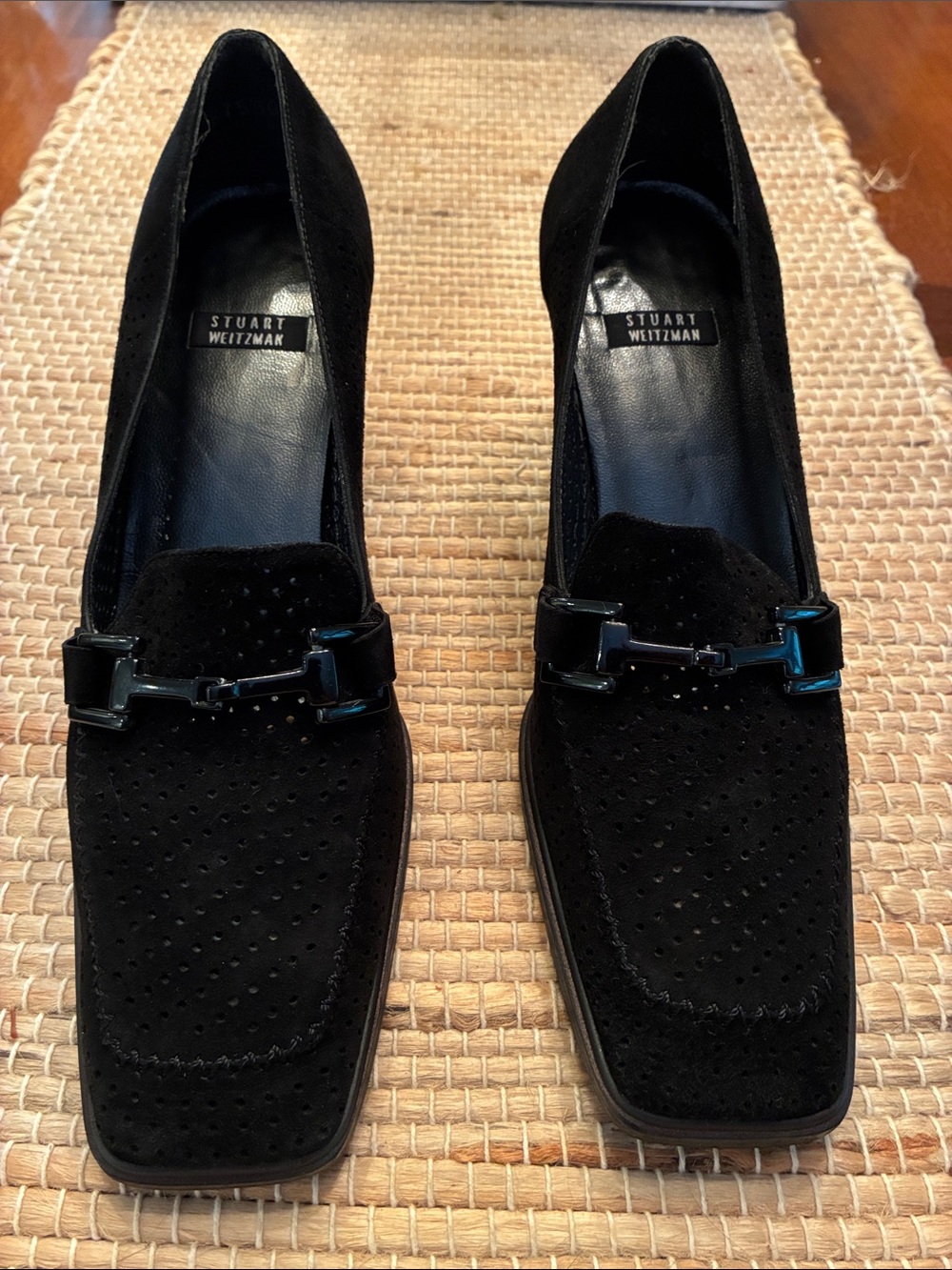 Stuart Weitzman Black Suede Slip-On Loafers with Decorative Bit